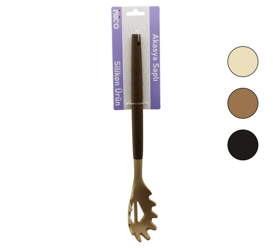 İBİCO İ22-019 ( RENKLİ SİLİKON ) ( AHŞAP AKASYA SAPLI ) ( MAKARNA & SALATA ) ( SERVİS ) KAŞIK ( 30CM )*6X24