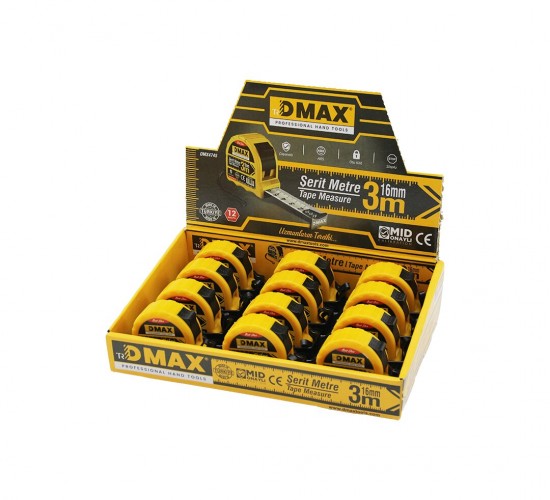 DMAX DMX-4745 ( 3MT X 16MM ) ÇELİK ŞERİT METRE ( STOPLU ) ( OTOMATİK KİLİT = BAS DURDUR & ÇEK SARSIN )*12X12