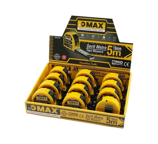 DMAX DMX-4746 ( 5MT X 19MM ) ÇELİK ŞERİT METRE ( STOPLU ) ( OTOMATİK KİLİT = BAS DURDUR & ÇEK SARSIN )*12X10