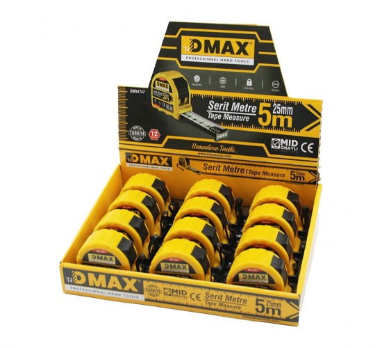 DMAX DMX-4747 ( 5MT X 25MM ) ÇELİK ŞERİT METRE ( STOPLU ) ( OTOMATİK KİLİT= BAS DURDUR & ÇEK SARSIN )*12X8