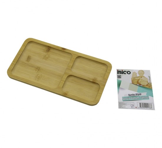 İBİCO İ22-176 ( DİKDÖRTGEN ) ( 3 BÖLMELİ=2+1 ) AHŞAP BAMBU SERVİS SUNUM TEPSİ & TAHTASI ( 24.8 X 13.8 X 1.4CM )*36