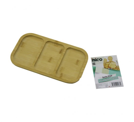 İBİCO İ22-183 ( DİKDÖRTGEN ) ( 3 BÖLMELİ=2+1 ) AHŞAP BAMBU SERVİS SUNUM TEPSİ & TAHTASI ( 25 X 14 X 1.4CM )*36