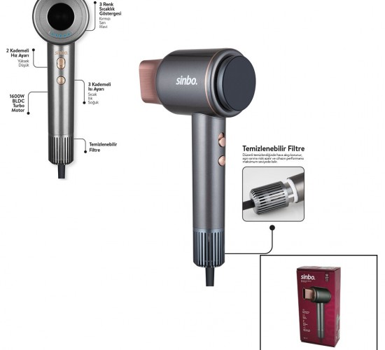 SİNBO SHD-1717 (BLDC TURBO MOTOR) (TOKMAK MODEL) SAÇ KURUTMA MAKİNESİ (1600W) (2-KDM.HIZ) (3-KDM.SICAKLIK) (YAPIŞKANLI ASKI)*8