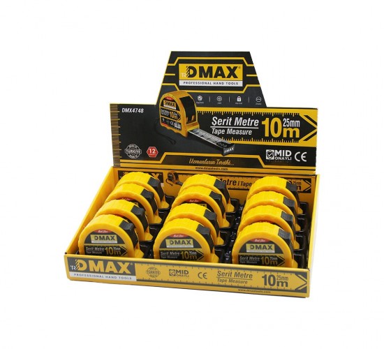 DMAX DMX-4748 ( 10MT X 25MM ) ÇELİK ŞERİT METRE ( STOPLU ) ( OTOMATİK KİLİT= BAS DURDUR & ÇEK SARSIN )*12X4
