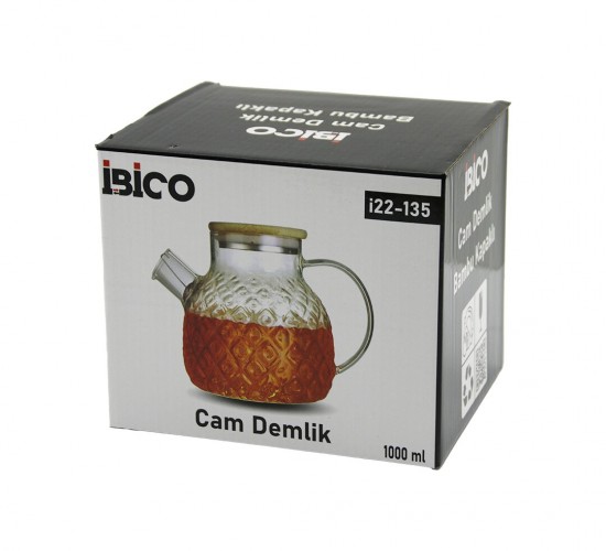 İBİCO İ22-135 ( 1000ML ) ( KABARTMA DESEN ) ( CAM DEMLİK ) ( BAMBU DIŞ YÜZEY & METAL İÇ YÜZEY & SİLİKON CONTALI KAPAK )*48