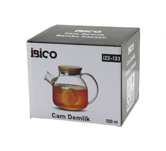 İBİCO İ22-133 ( 1000ML ) ( SADE DÜZ ) ( CAM DEMLİK ( BAMBU DIŞ YÜZEY & METAL İÇ YÜZEY & SİLİKON CONTALI KAPAK )*48