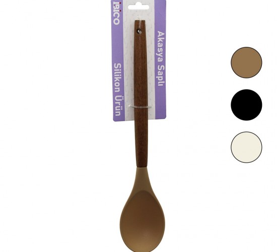 İBİCO İ22-015 ( RENKLİ SİLİKON ) ( AHŞAP AKASYA SAPLI ) ( SERVİS ) KAŞIK ( 29CM )*6X24