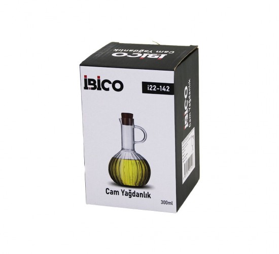 İBİCO İ22-142 ( MİNİ ) ( CAM ) YAĞDANLIK ( ÇİZGİLİ DESEN ) ( 300ML ) ( AHŞAP BAMBU MANTAR TIPA )*48