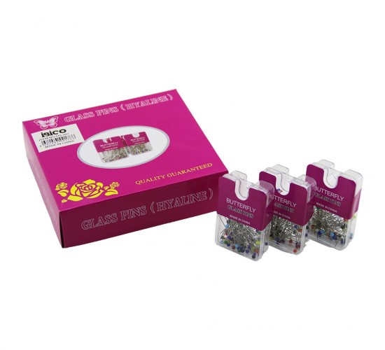 İBİCO İ20-001 GLASS PINS (HYALINE) BUTTERFLY (100PCS ±5) (RENKLİ TOPLU) BAŞÖRTÜ İĞNESİ (ŞEFFAF PLASTİK ASKILIKLI KUTULU)*12X40