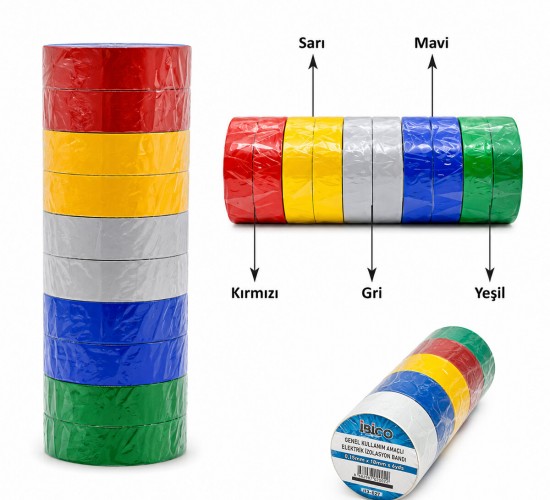 İBİCO İ13-027 ( RENKLİ ) İZOLASYON ELEKTRİK BANTI ( 0.15MMX18MM ) ( 6YDS ) ( MAVİ & SARI & KIRMIZI & BEYAZ & YEŞİL )*10X50