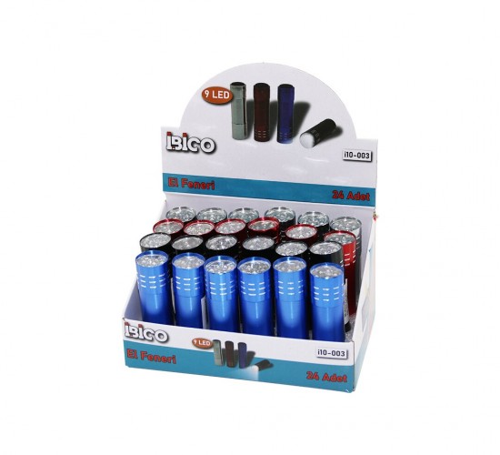 İBİCO İ10-003 ( 9LED ) ( MİNİ BOY: 8CM & ÇAP: 2.3CM ) ( PİLLİ ) EL FENERİ ( METAL RENKLİ KASA )*24X20