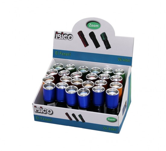 İBİCO İ10-006 ( ZOOMLU ) (MİNİ=9.6CM--10.3CM & ÇAP:3CM) (PİLLİ) EL FENERİ (METAL SİYAH & RENKLİ KASA) (CEP & KEMER ASKILIKLI)*24X10