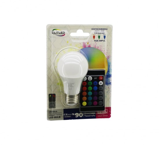 ELİTLED EL-01-Y ( KUMANDALI ) ( 9W=60W ) (RGB=16-RENKLİ) LED AMPUL (E27) (800 LÜMEN) (6500K) (25.000 SAAT ÖMÜR)*25