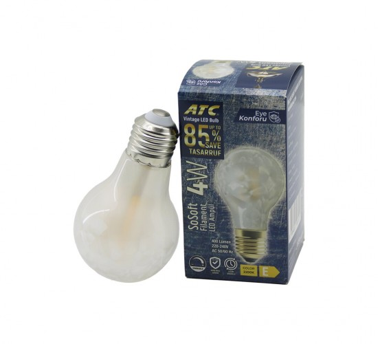 ATC-A60-SS VİNTAGE SOSOFT (4W & E27) (LED FİLAMENT & RUSTİK AMPUL) LAMBA (KIRILMAZ PLASTİK CAM) (400 LÜMEN) (2200K) (25.000 SAAT)*80