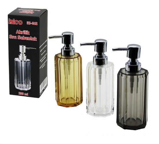 İBİCO İ21-062 ( UZUN ) ( SEKİZGEN ) ( ŞEFFAF & RENKLİ ) ( AKRİLİK & MİKA KRİSTAL ) SIVI SABUNLUK ( 200ML )*48