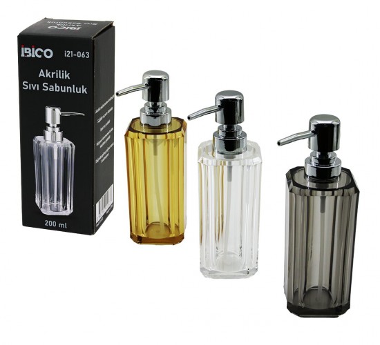 İBİCO İ21-063 (UZUN) (KARE TABAN & 4+4=8GEN GÖVDE) (ŞEFFAF & RENKLİ) (AKRİLİK & MİKA KRİSTAL) SIVI SABUNLUK (200ML)*48
