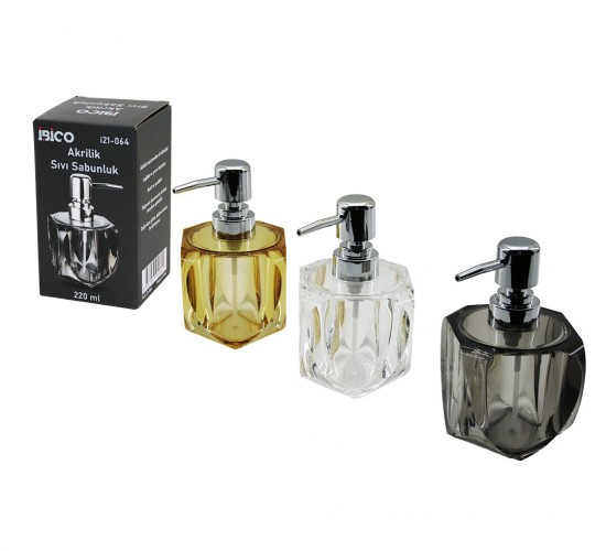 İBİCO İ21-064 ( TOMBUL ) ( KARE & 4-KALPLİ GÖVDE ) (ŞEFFAF & RENKLİ ) ( AKRİLİK & MİKA KRİSTAL ) SIVI SABUNLUK ( 220ML )*48