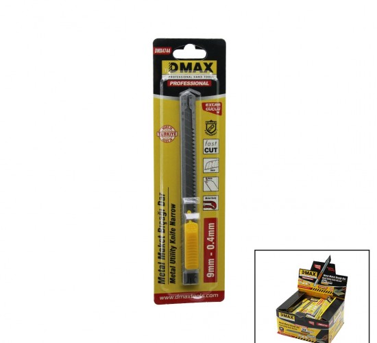 DMAX DMX-4744 ( DAR= 9MM X 0.4MM ) ( METAL GÖVDE ) FALÇATA MAKET BIÇAK ( 3X KESKİNLİK ) (CEP & KEMER ASKI KANCALI )*50X16
