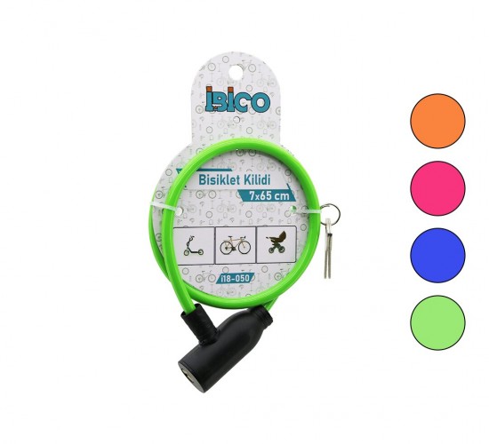 İBİCO İ18-050 ( ANAHTARLI ) ( EKO & İNCE ) ( PLASTİK KAFA ) BİSİKLET KİLİT ( ÇELİK TEL ) ( RENKLİ KILIF ) ( 7MMX65CM )*200