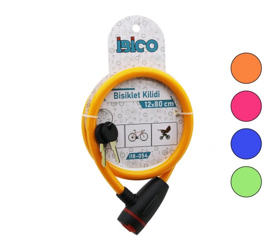 İBİCO İ18-054 ( ANAHTARLI ) ( AÇ-KAPA KİLİT KAPAKLI ) ( PLASTİK KAFA ) BİSİKLET KİLİT ( ÇELİK TEL ) ( RENKLİ KILIF ) ( 12MMX80CM )*120