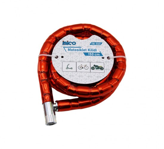 İBİCO İ18-060 ( TÜP ANAHTARLI ) ( METAL KAFA ) ( ÇELİK ) MOTOR & BİSİKLET KİLİT ( SİLİNDİRİK SPİRAL KİLİT ) (KIRMIZI KILIF) (22MM X 150CM)*30
