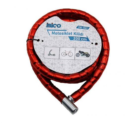 İBİCO İ18-061 ( TÜP ANAHTARLI ) ( METAL KAFA ) ( ÇELİK ) MOTOR & BİSİKLET KİLİT (SİLİNDİRİK SPİRAL KİLİT) (KIRMIZI KILIF) (22MM X 200CM)*24