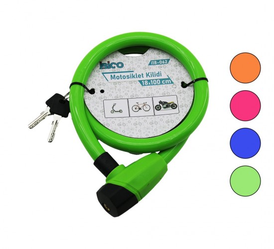 İBİCO İ18-062 ( ANAHTARLI ) ( KALIN ) MOTOR & BİSİKLET KİLİT ( ÇELİK TEL ) ( RENKLİ KILIF ) ( 18MMX100CM )*60