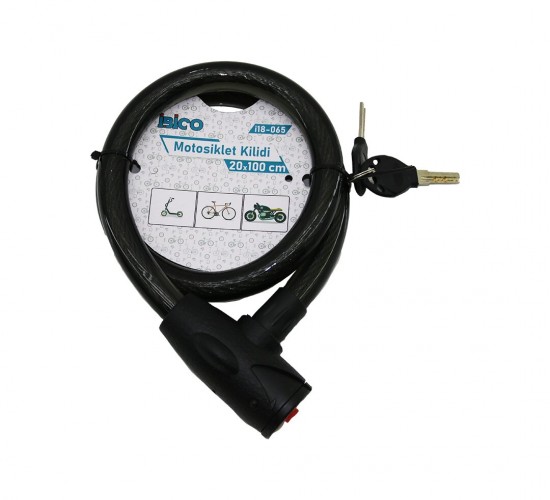 İBİCO İ18-065 ( ANAHTARLI ) ( AÇ-KAPA KİLİT KAPAKLI ) MOTOR & BİSİKLET KİLİT ( ÇELİK TEL ) ( SİYAH ŞEFFAF KILIF ) ( 20MMX100CM)*50