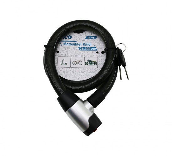 İBİCO İ18-067 ( ANAHTARLI ) ( METAL KAPLAMA KAFA ) ( ÇEK-İT KİLİT KAPAK ) MOTOR & BİSİKLET KİLİT ( ÇELİK TEL ) ( SİYAH ŞEFFAF KILIF ) ( 24MMX100CM )*50