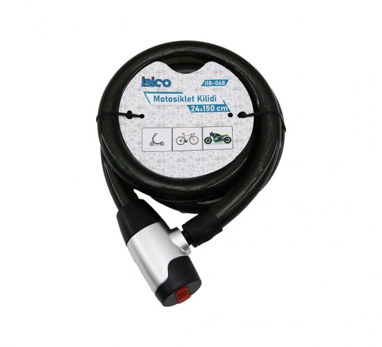 İBİCO İ18-068 ( ANAHTARLI ) ( AÇ-KAPA KİLİT KAPAKLI ) MOTOR & BİSİKLET KİLİT ( ÇELİK TEL ) ( SİYAH ŞEFFAF KILIF ) ( 24MMX150CM )*30