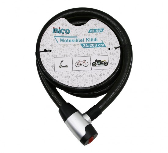İBİCO İ18-069 (ANAHTARLI) (METAL KAPLAMA KAFA) (ÇEK-İT KİLİT KAPAK) MOTOR & BİSİKLET KİLİT (ÇELİK TEL) (SİYAH ŞEFFAF KILIF) (24MMX200CM)*20