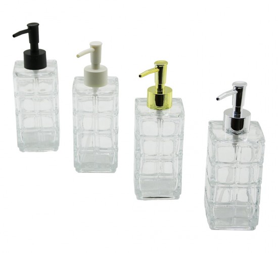 İBİCO İ21-041 ( ŞEFFAF CAM ) SIVI SABUNLUK ( 350ML ) ( KARE KESİK DESENLİ CAM ) ( MİX RENKLİ POMPA )*48=K
