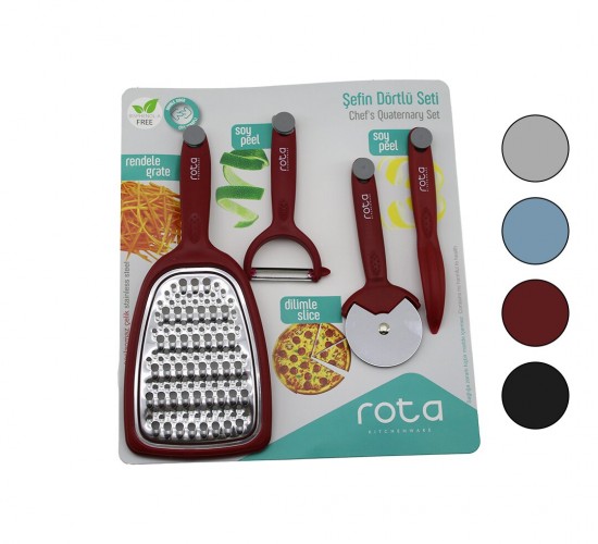 ROTA RT-326 ( ŞEFİN 4LÜ SETİ ) (1-ÇİFT TARAFLI RENDE & 1-PİZZA RULETİ & 1-SAPAN SOYACAK & 1-KALEM SOYACAK )(RENKLİ PLS.SAPLI)*24=K