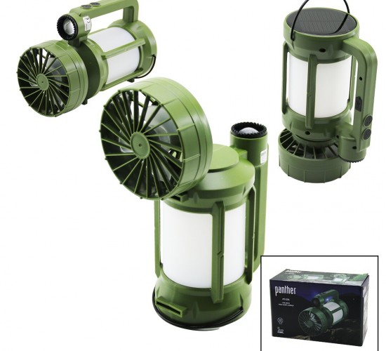 PANTHER PT-576 (3İN1=FAN & 2-FENER) (SOLAR & USB ŞARJ) VANTİLATÖR & KAMP LAMBA (FENER:10W+5W) (FAN=90° OYNAR BAŞ& TEK KADEME)*40