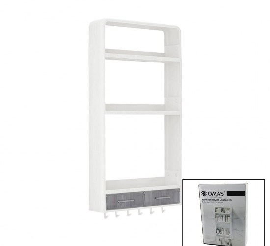 OMAŞ-TERA OM-0817 ( BEYAZ ) YAPIŞKANLI DUVAR ORGANİZERİ PLASTİK ( 3 RAF=14CM-19CM-30CM & 2 ÇEKMECE=40CM & 6 ASKI ) ( 19 PCARÇA )*6