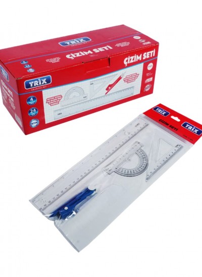 TRİX T-975 ( 4PCS = 30CM CETVEL & 180°AÇI ÖLÇER & 60°GÖNYE & PERGEL) ÇİZİM SETİ*24X12