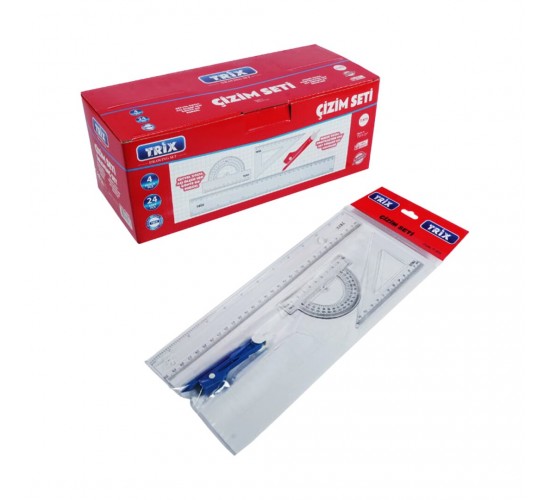 TRİX T-975 ( 4PCS = 30CM CETVEL & 180°AÇI ÖLÇER & 60°GÖNYE & PERGEL) ÇİZİM SETİ*24X12