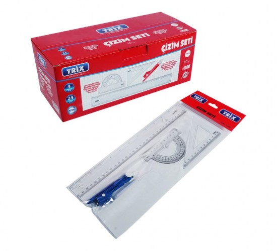 TRİX T-975 ( 4PCS = 30CM CETVEL & 180°AÇI ÖLÇER & 60°GÖNYE & PERGEL) ÇİZİM SETİ*24X12