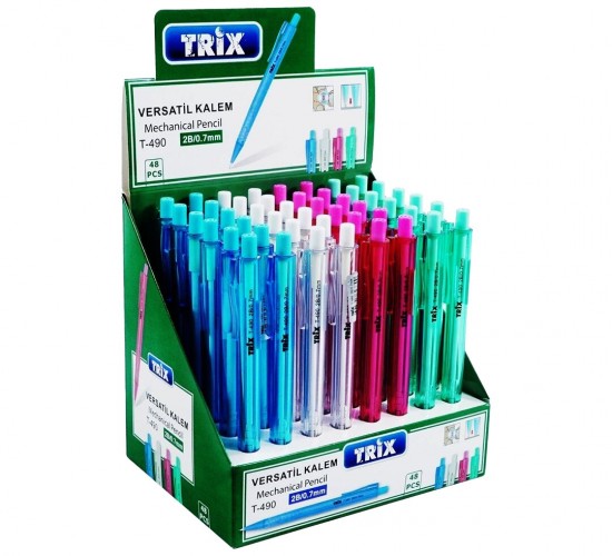 TRİX T-490 ( 2B/0.7MM ) VERSATİL UÇLU KALEM RENKLİ ( ŞEFFAF GÖVDE & KISA SİLGİ )*48X30
