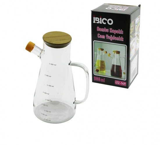 İBİCO İ22-149 ( 900ML ) ( CAM ) YAĞDANLIK ( BAMBU KAPAKLI & ÖLÇEKLİ ) ( CAM KULPLU )*24=K