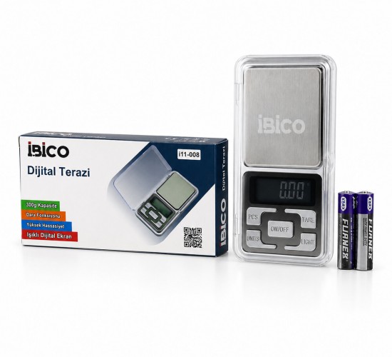 İBİCO İ11-008 (MİNİ=6X12CM) HASSAS TARTI & TERAZİ (300GR/0.01GR) (ŞEFFAF PLS.KAPAKLI & PİLLİ= 2PCS İNCE)*100