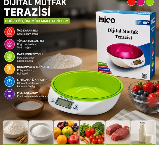 İBİCO İ11-009 ( DİJİTAL & PİLLİ ) MUTFAK TERAZİ TARTI ( KASELİ & 5KG/1GR )*24