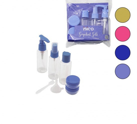 İBİCO İ15-056 (7PCS) SEYAHAT KOZMETİK SET (3-PLS.POMPALI+SPREY+KAPAKLI ŞİŞE(50ML)& 2-KREM KUTU(10GR)& 1-HUNİ & 1-SPATULA)*12X20