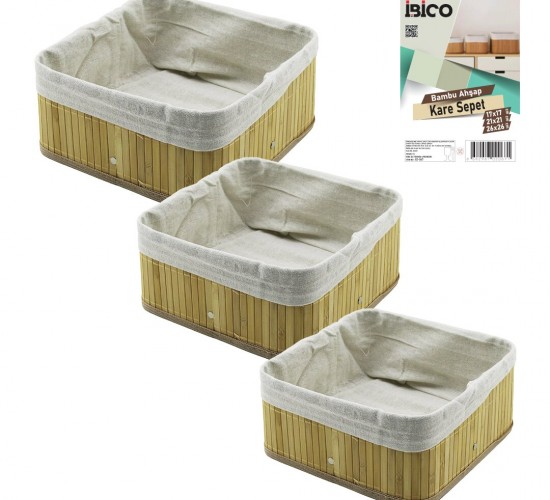 İBİCO İ12-067 ( 3 BOY ) ( KARE ) ( BAMBU KENAR ) ORGANİZER SEPET ( AHŞAP ALTLIK & BEZLİ ) ( 17X17 & 21X21 & 26X26CM )*24