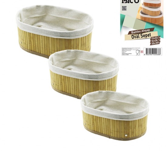 İBİCO İ12-068 ( 3 BOY ) ( OVAL ) ( BAMBU KENAR ) ORGANİZER SEPET ( AHŞAP ALTLIK & BEZLİ ) ( 13X22-16X26-20X30CM )*24