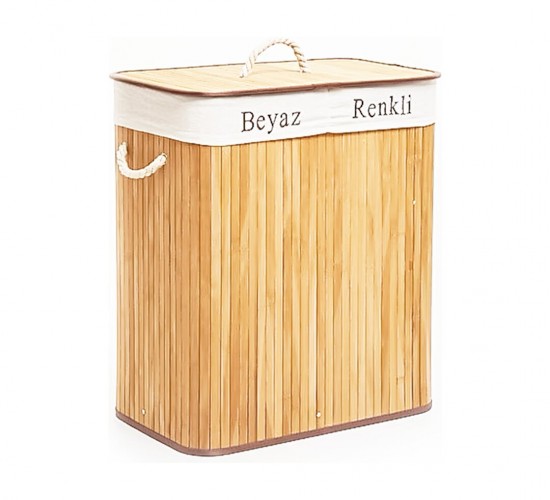İBİCO İ21-077 ( DİKDÖRTGEN ) ( 2 BÖLMELİ ) ( 52X32CM Y:62CM ) ( BAMBU AHŞAP ) KİRLİ ÇAMAŞIR SEPETİ ( KUMAŞ ÇANTALI ) ( İP KULP )*12