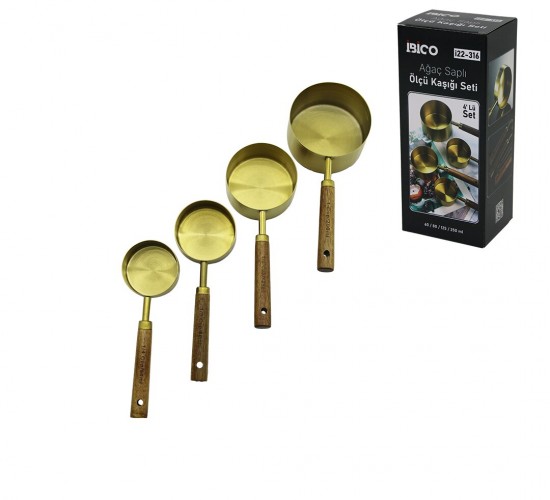 İBİCO İ22-316 ( 4PCS ) ( GOLD METAL ) ÖLÇÜ KAŞIK SETİ ( OTANTİK AĞAÇ KULP ) ( 250ML & 125ML &  80ML & 60ML )*48