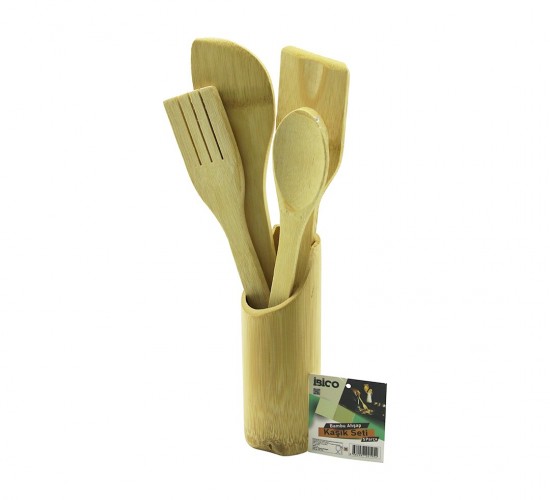 İBİCO İ22-195 ( 5PCS ) ( AHŞAP BAMBU ) MUTFAK SERVİS SETİ ( KAŞIK & ÇATAL & 2 PCS SPATULA & STAND ) ( 27.5CM & 30CM ) ( FİLELİ AMBALAJ )*48