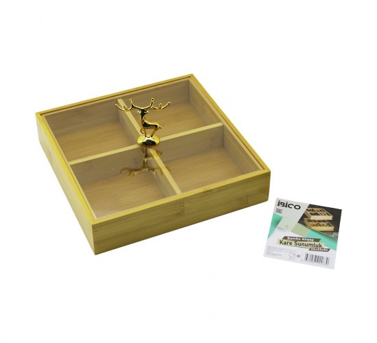 İBİCO İ22-263 ( KARE ) ( 4 BÖLMELİ ) (AHŞAP BAMBU) SERVİS SUNUMLUK (ÇOK AMAÇLI KUTU) (22 X 22 X 5CM ) (MİKA PLS.KAPAK=GEYİK FİGÜRLÜ TUTACAK)*20