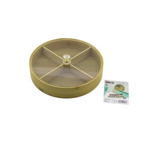 İBİCO İ22-262 ( YUVARLAK ) ( 4 BÖLMELİ ) (AHŞAP BAMBU) SERVİS SUNUMLUK (ÇOK AMAÇLI KUTU) ( ÇAP: 22CM=24.9CM & D: 5CM ) (MİKA PLS. KAPAK=KRİSTAL PLS.TUTACAK)*24
